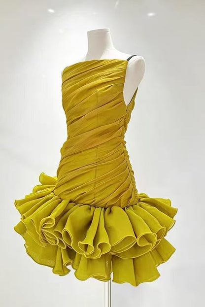 Mustard Yellow Thin Strap Diagonal Ruched Ruffle Hem Mini Dress