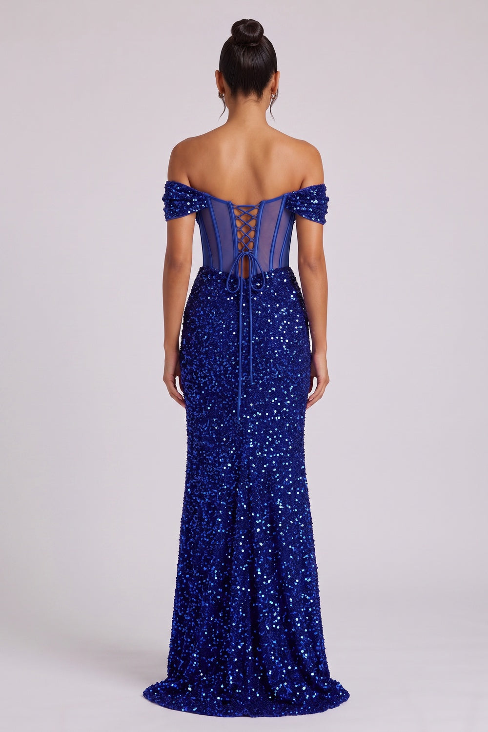 Royal Blue Sequin Off-The-Shoulder Floor-Length Gown with Corset Lace-Up Back Premium Fabric - product view 1