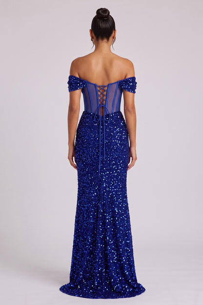 Royal Blue Sequin Off-The-Shoulder Floor-Length Gown with Corset Lace-Up Back Premium Fabric - product view 1