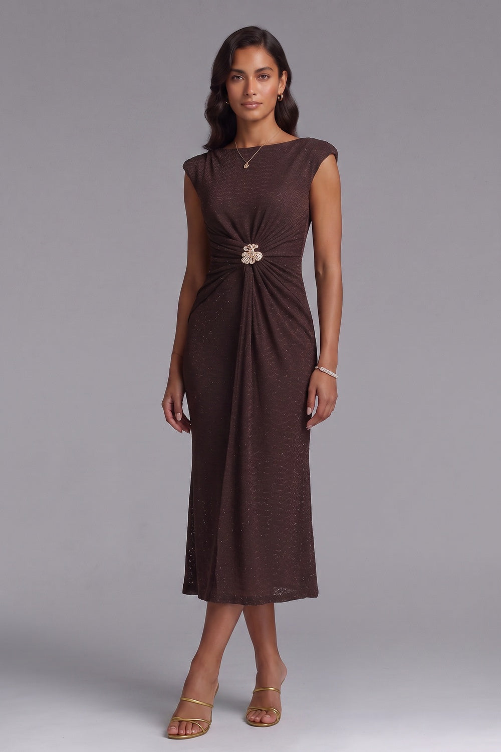 Dark Brown Textured Knit Fitted Sheath Dress with Brooch dark brown textured knit dress - product view 2