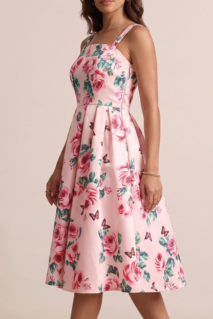 Pink Rose Print Square Neck Wide Strap Fit-and-Flare Midi Dress
