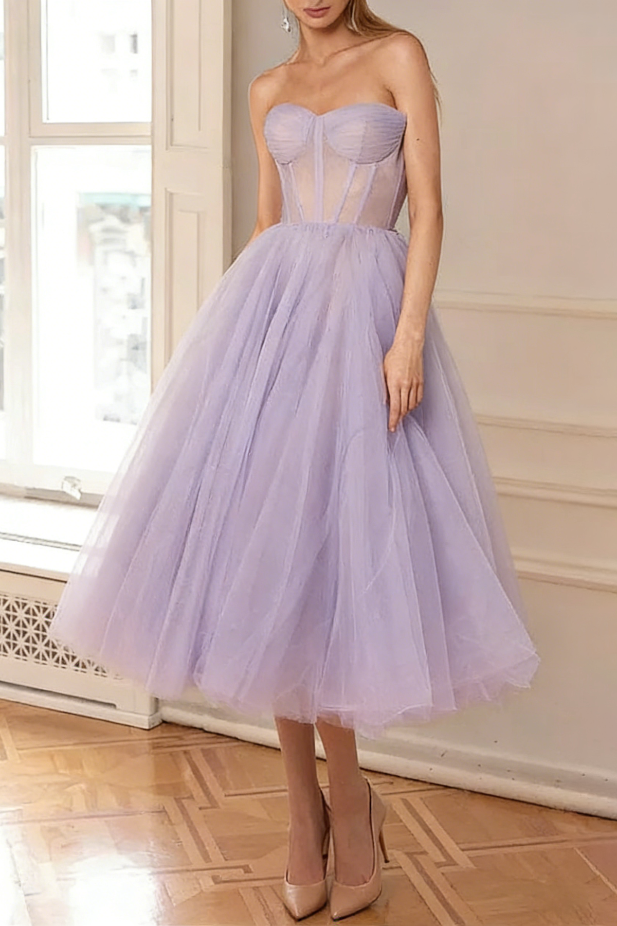 Lavender Strapless Puffy Midi Tulle Dress