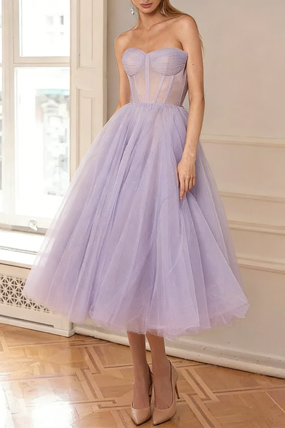 Lavender Strapless Puffy Midi Tulle Dress