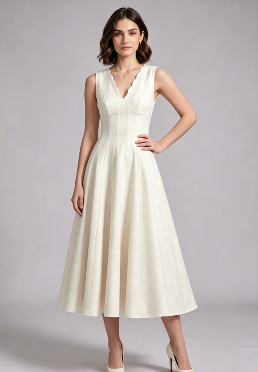 Ivory Textured Woven A-Line Midi Dress with Back Bow
