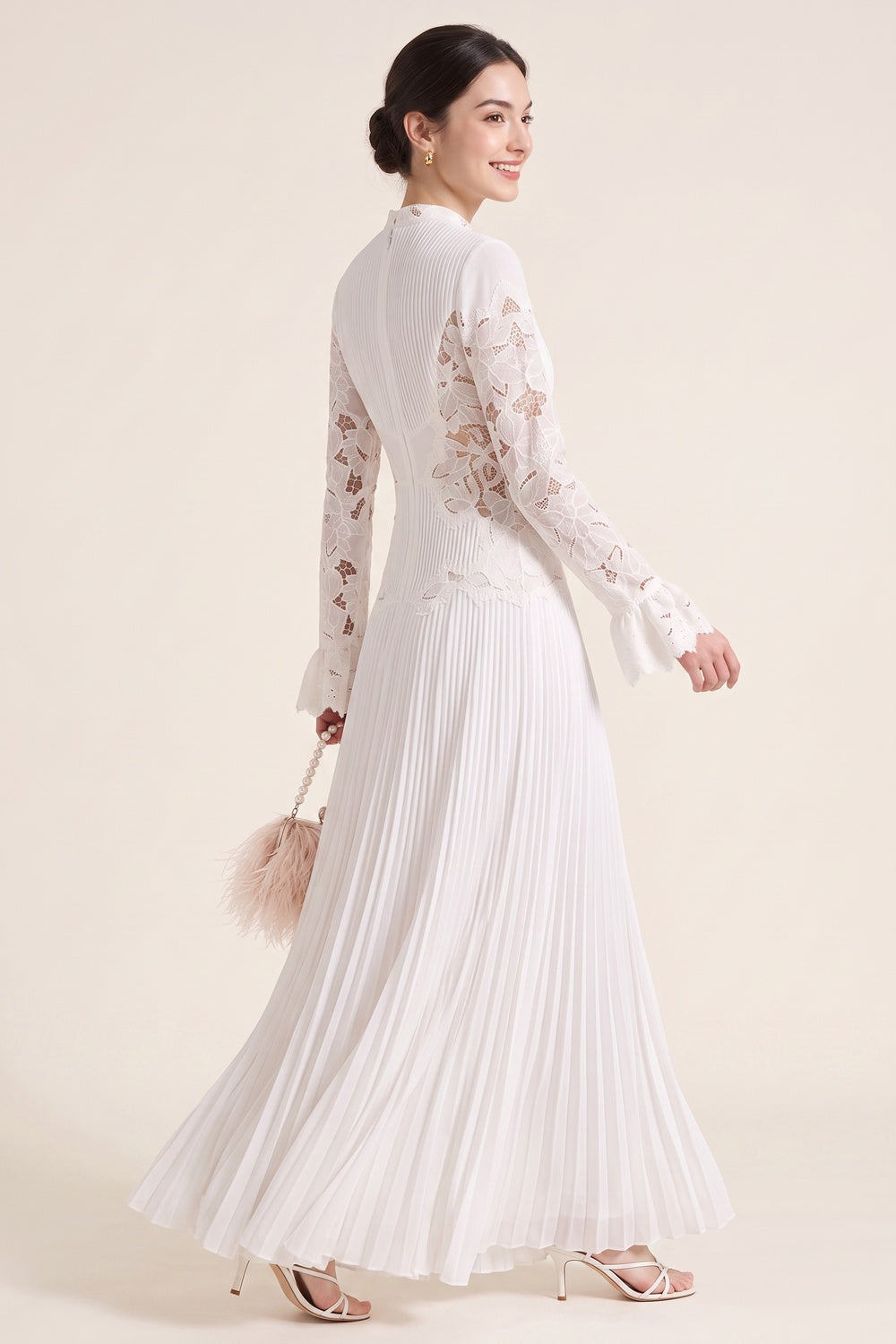 White Pleated Georgette A-Line Gown with Floral Lace white pleated georgette gown - product view 3