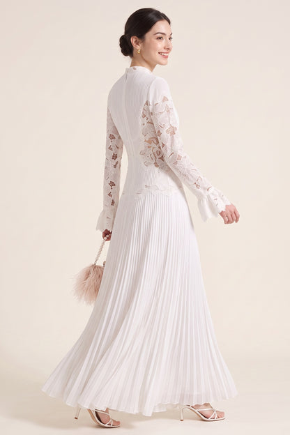 White Pleated Georgette A-Line Gown with Floral Lace white pleated georgette gown - product view 3