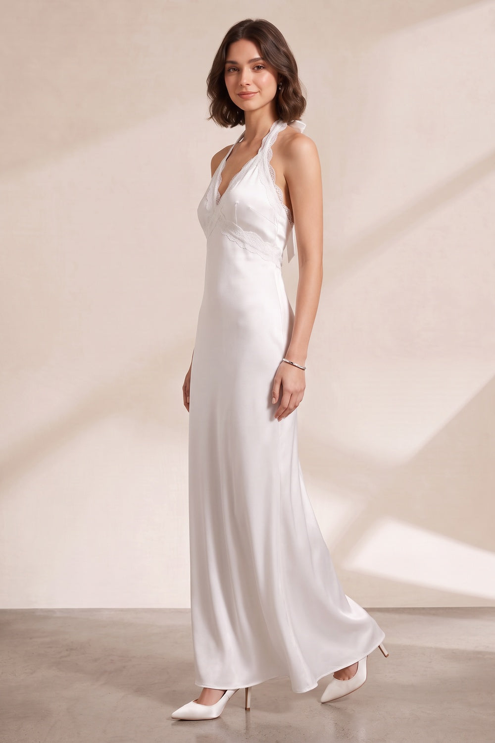 White Halter Maxi Dress with Lace Trim Premium Fabric - product view 2