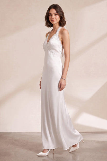 White Halter Maxi Dress with Lace Trim Premium Fabric - product view 2