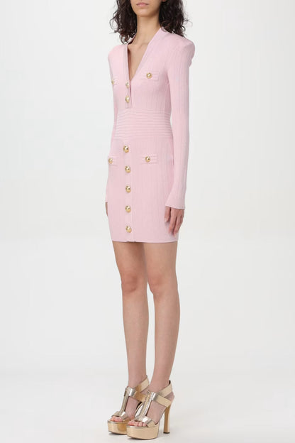 v-neck Metal button knitted mini dress in pink