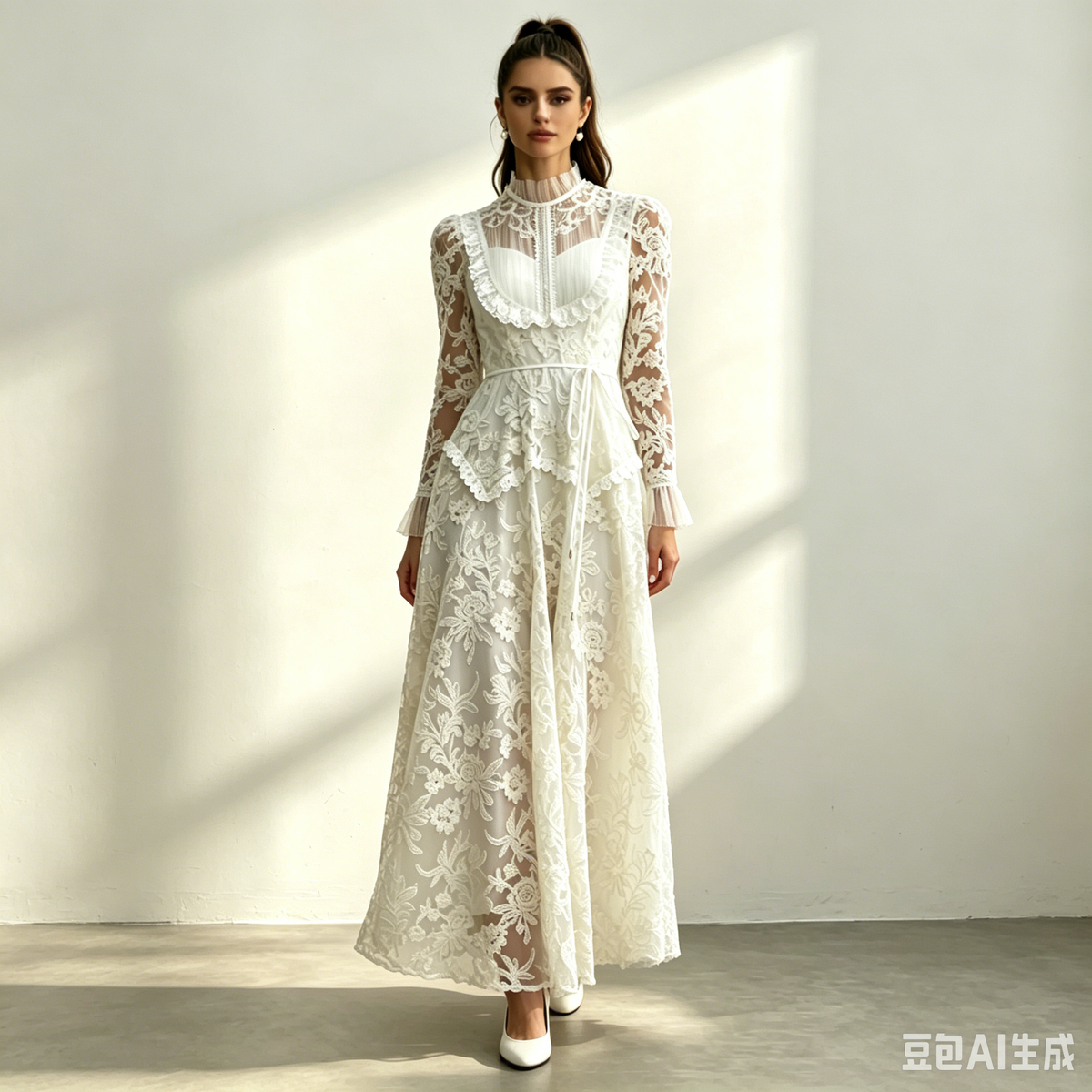 Cream Floral Lace Ruffle High Neck Long Sleeve Belted Maxi Dress