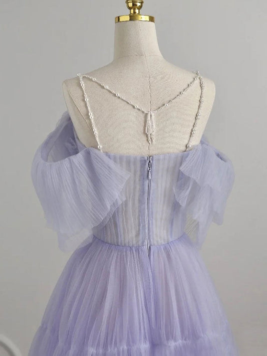 Purple tulle maxi prom dress