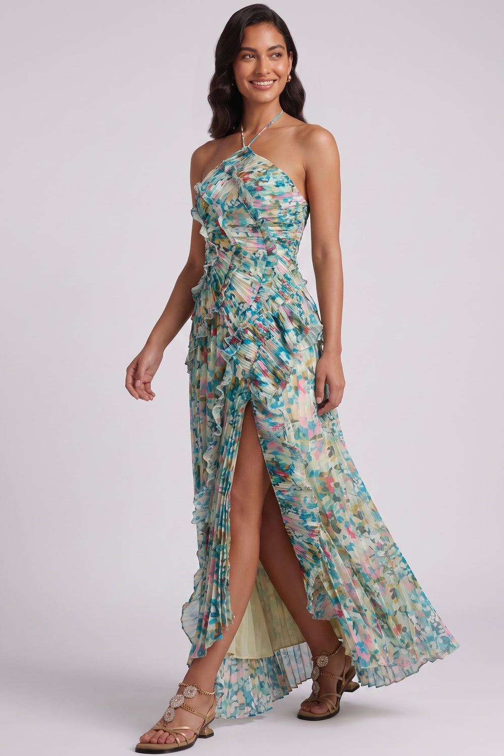 Green Pleated Chiffon A-Line Maxi Dress with High Slit and Cascading Ruffles green, teal pleated chiffon dress - product view 3