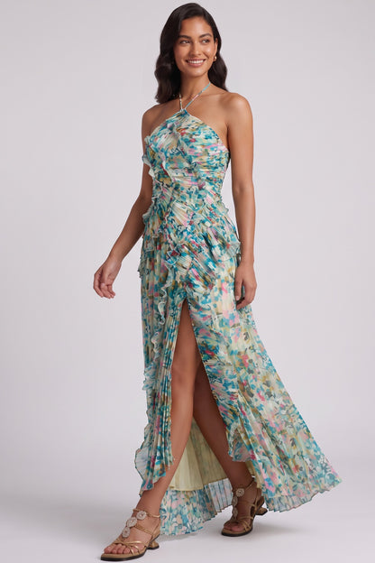 Green Pleated Chiffon A-Line Maxi Dress with High Slit and Cascading Ruffles green, teal pleated chiffon dress - product view 3