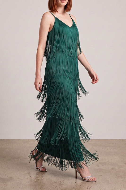 Spaghetti Strap V-Neck Layered Fringe Maxi Dress