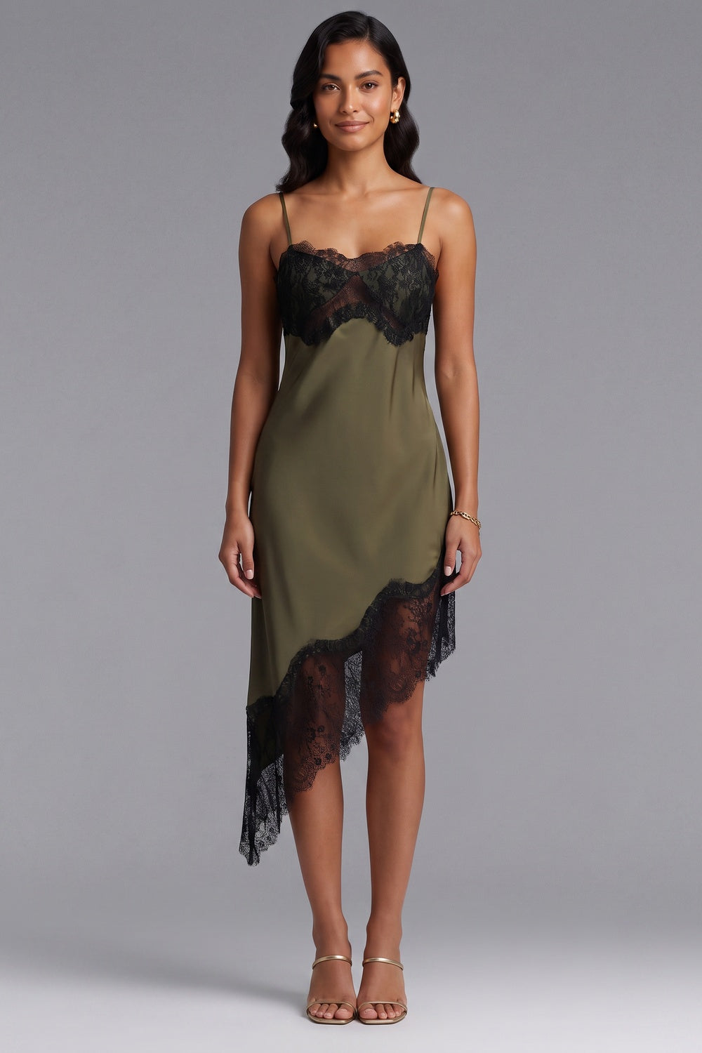 Olive Green Satin Asymmetrical Slip Dress with Black Lace Trim olive green satin dress - product view 1