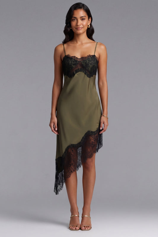 Olive Green Satin Asymmetrical Slip Dress with Black Lace Trim olive green satin dress - product view 1