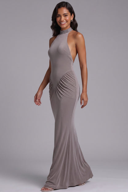 taupe grey stretch jersey column evening gown taupe grey stretch jersey evening gown - product view 3