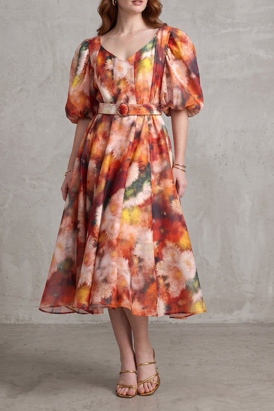 V-Neck Puff Sleeve Watercolor Floral Belted Midi Dress