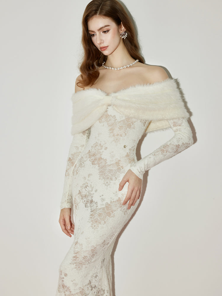 julia Off-Shoulder Fur Collar Long Sleeve lace maxi dress in white