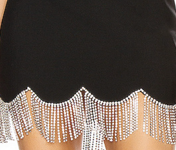 Black Structured Stretch Woven Bodycon Mini Dress with Rhinestone Fringe
