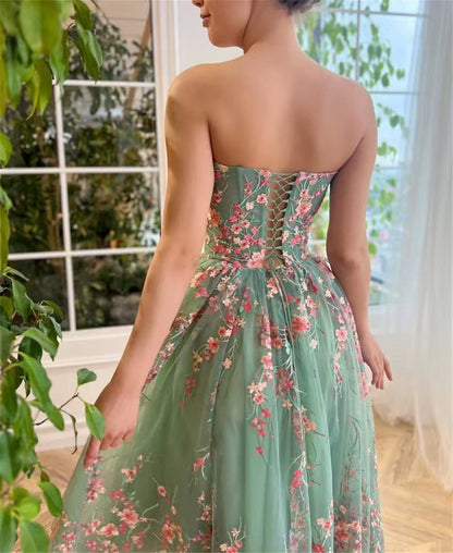 Strapless Floral Tulle Ballerina Midi Dress