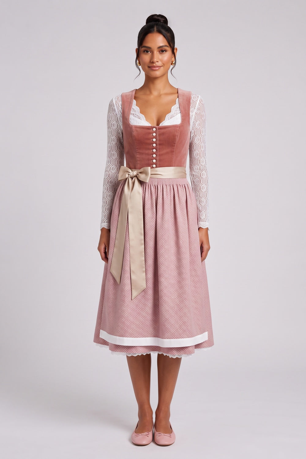dusty rose velvet bodice a-line dirndl dress dusty rose, terracotta pink velvet bodice, woven patterned skirt dirndl dress - product view 1