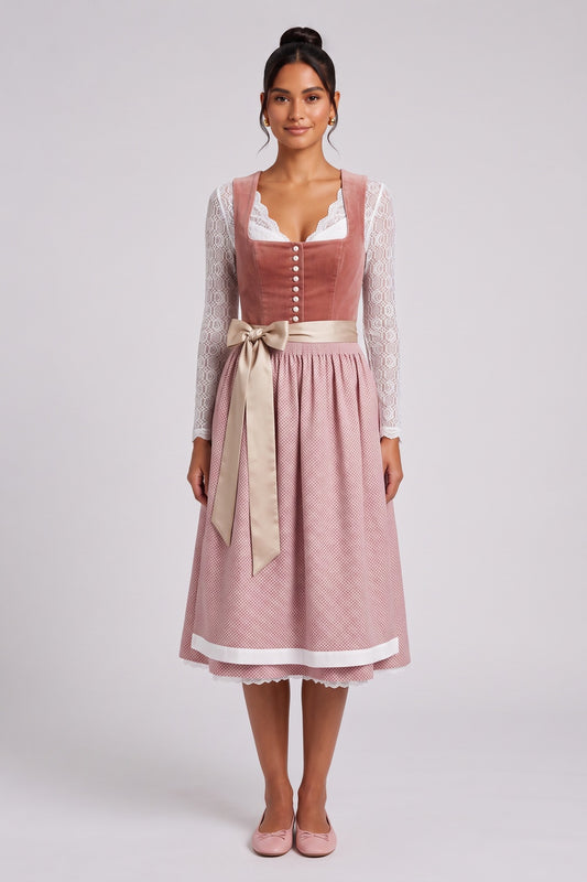 dusty rose velvet bodice a-line dirndl dress dusty rose, terracotta pink velvet bodice, woven patterned skirt dirndl dress - product view 1
