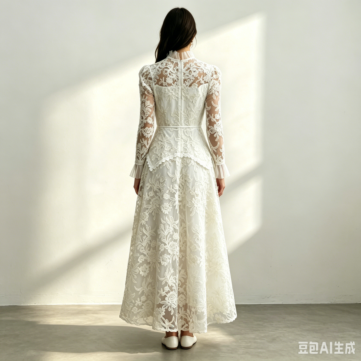 Cream Floral Lace Ruffle High Neck Long Sleeve Belted Maxi Dress