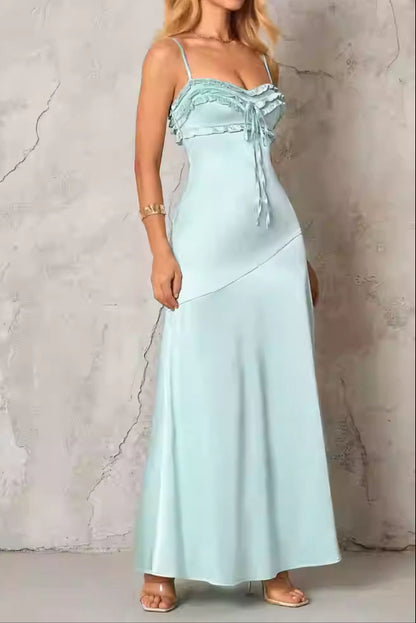 simona ruffle trim silk maxi dress in mint