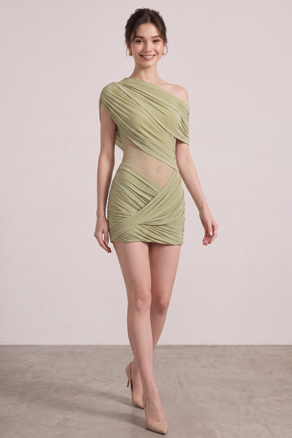 Sage Green Asymmetrical Draped Mini Dress sage green stretch jersey draped mini dress - product view 3