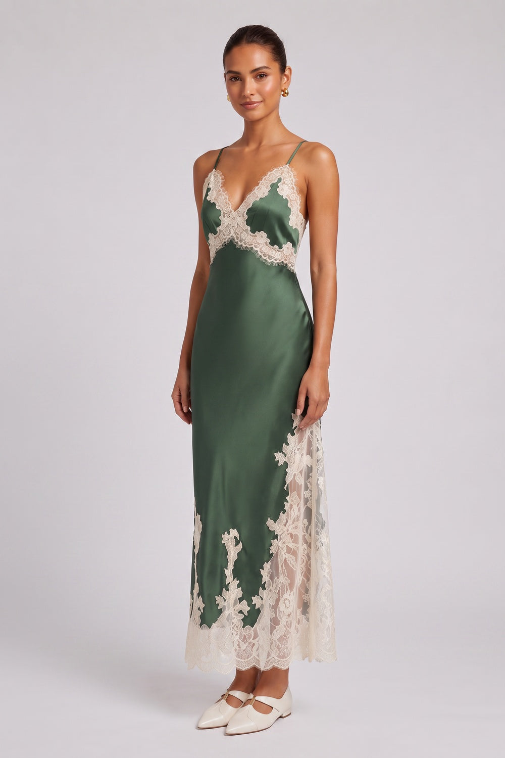 Forest Green Satin Slip Dress with Lace Paneling forest green satin dress - product view 1