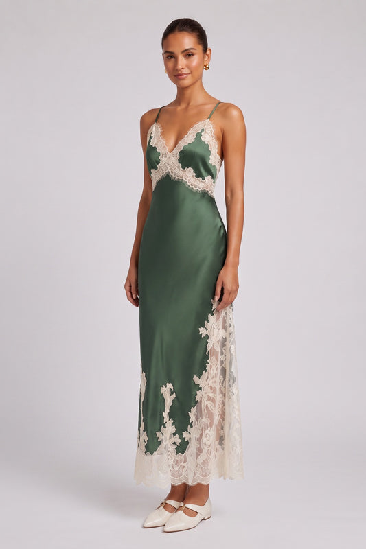 Forest Green Satin Slip Dress with Lace Paneling forest green satin dress - product view 1