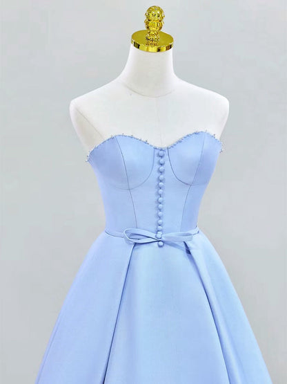 A-Line Sweetheart Neck Satin Blue Dress