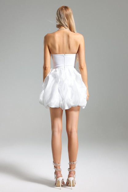 FLORAL-APPLIQUÉ STRAPLESS MINI DRESS IN WHITE