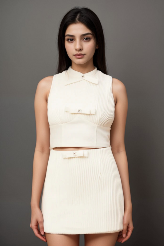 Flaminia white bow-embellished top & skirt matching set