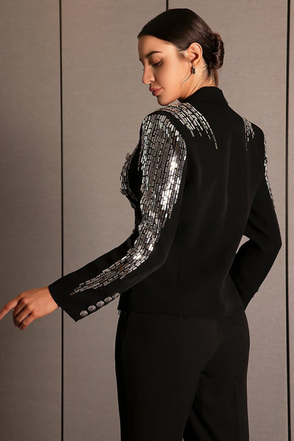 andrea Faidra Rhinestone Double Breasted Lapel Blazer in black