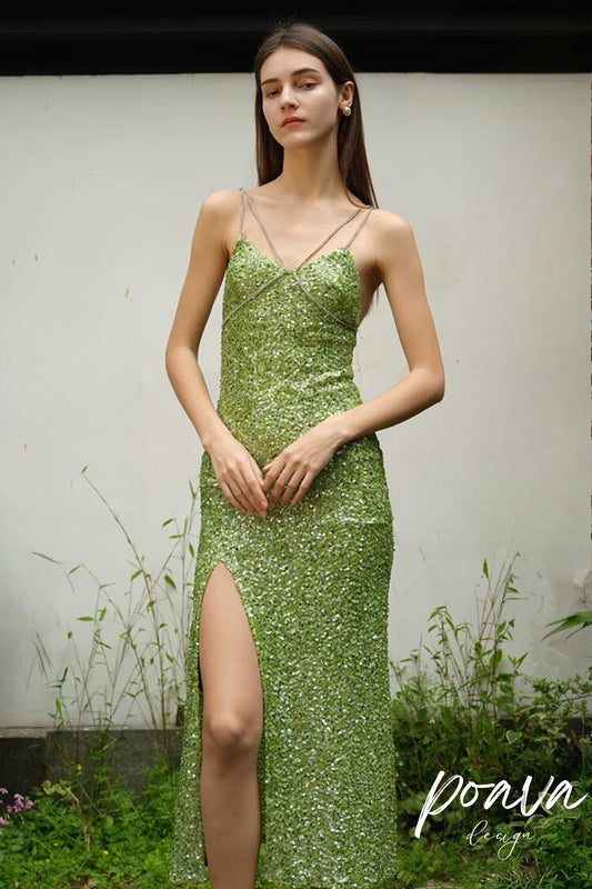 Sequin embellished high split midi dress in green