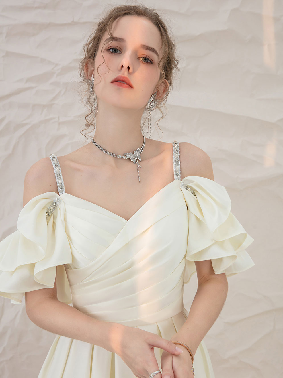 Light yellow satin midi prom dress