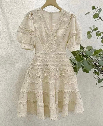 Embroidery V-NECK MINI DRESS IN BEIGE