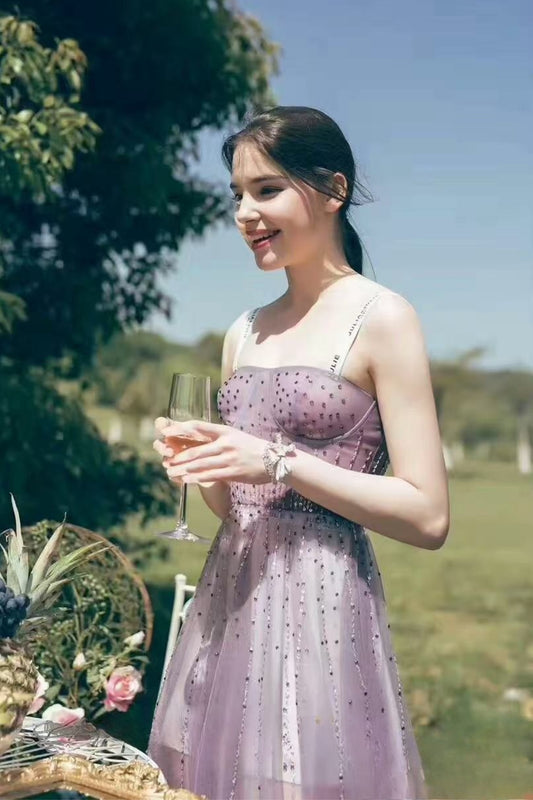 embellished tulle corset maxi dress in purple