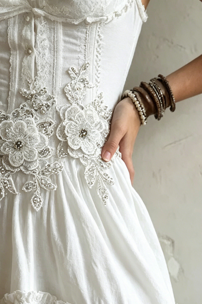 Corset-Style Embroidery Lace Trim Tiered Midi Dress