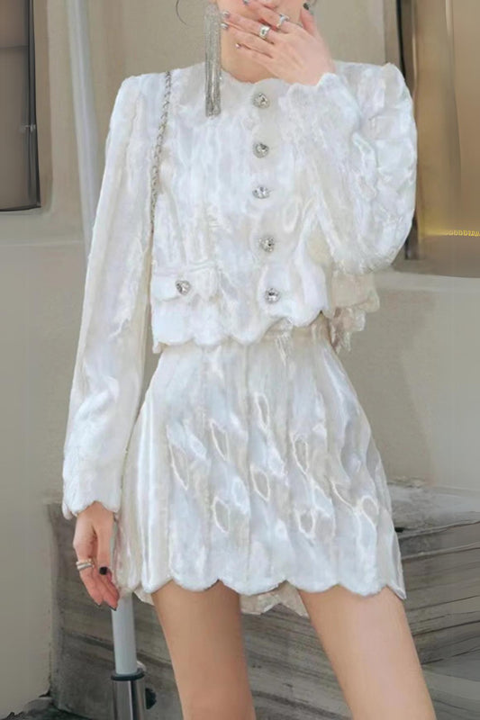 VELVET RHINESTONE BUCKLE WHITE SUITS DIAMOND MINI TWO-PIECE