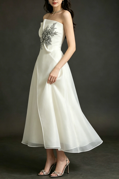 Strapless Layered Organza Midi Dress In White With Graay Flower Embroidery
