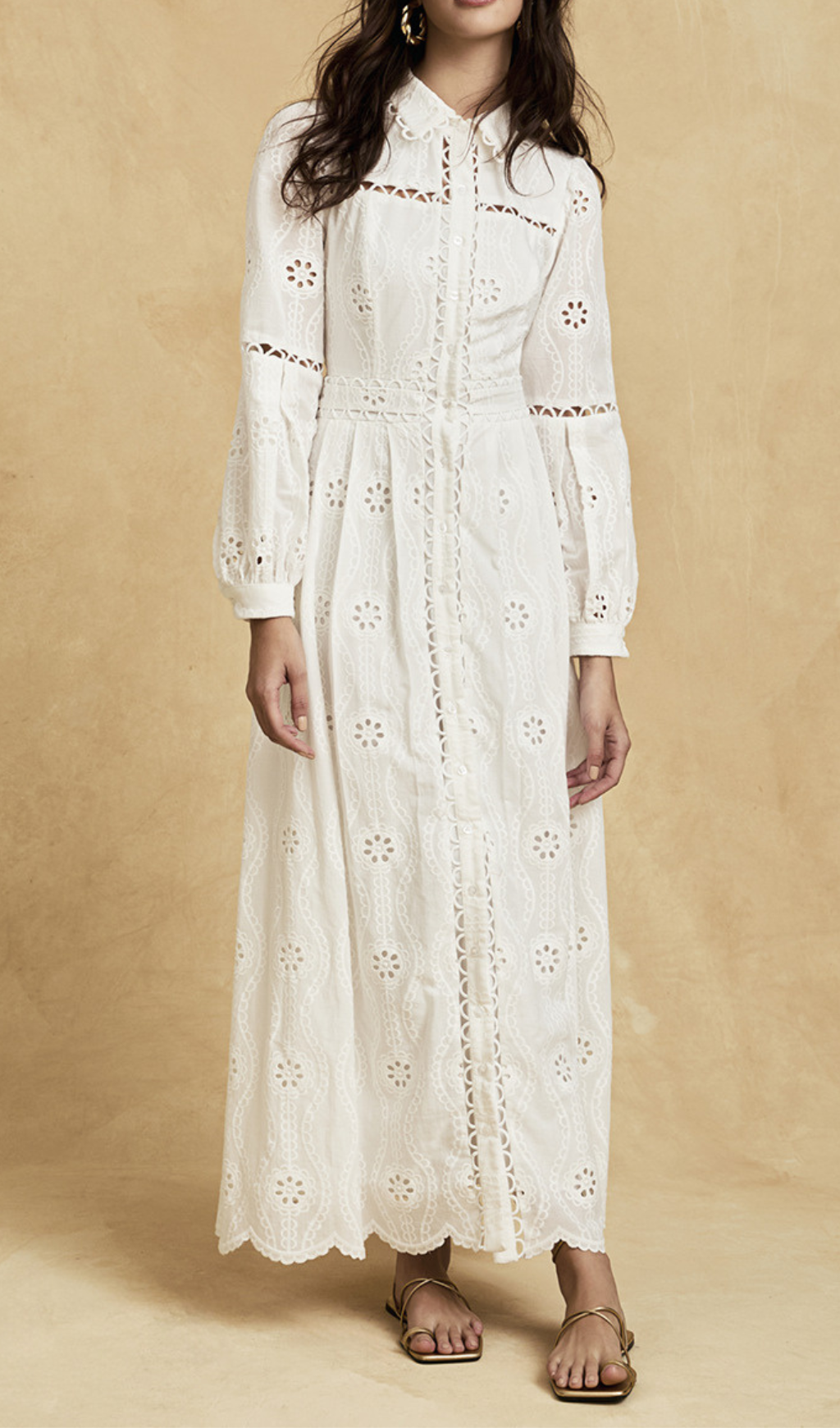 retro single-breasted hollow lace midi dress in white