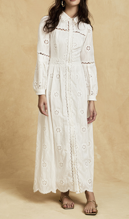 retro single-breasted hollow lace midi dress in white