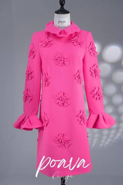 LORELAI PINK JACQUARD FLORAL LONG SLEEVE MINI DRESS