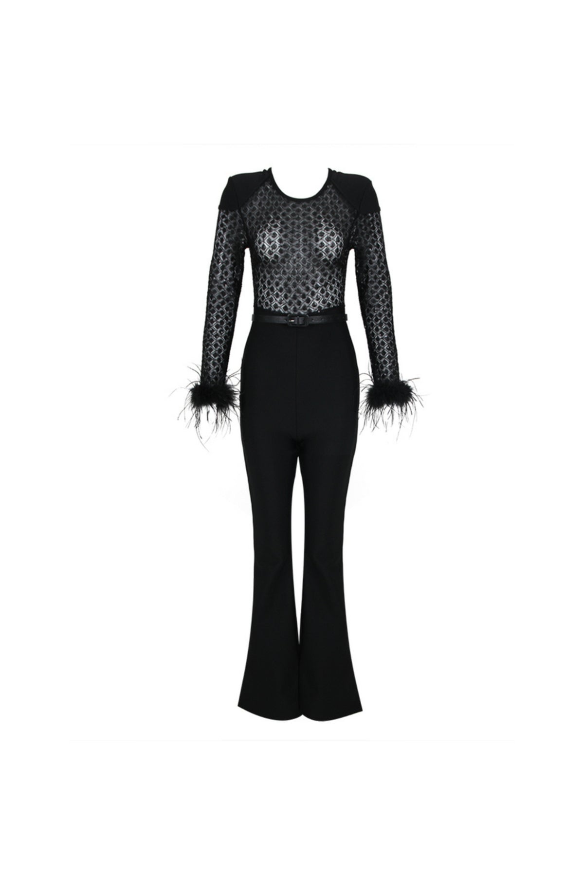 BLACK FEATHER SEQUIN JUMPSUIT
