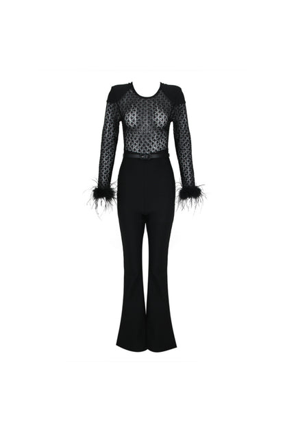 BLACK FEATHER SEQUIN JUMPSUIT