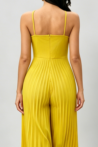 Bright Yellow 3D Floral Halter Pleated Wide Leg Jumpsuit