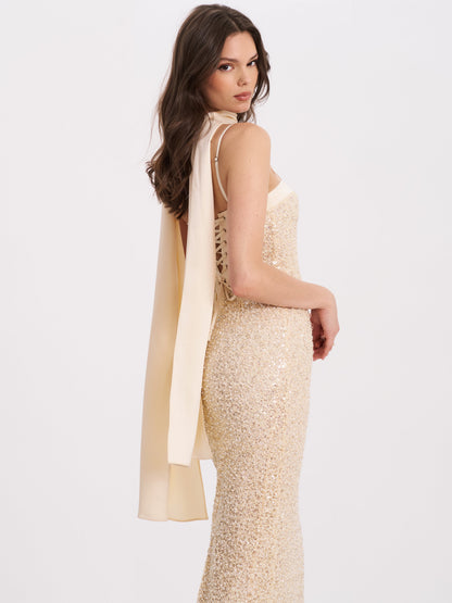 Raizel Gold Beaded Sequin Bodycon Gown with Scarf